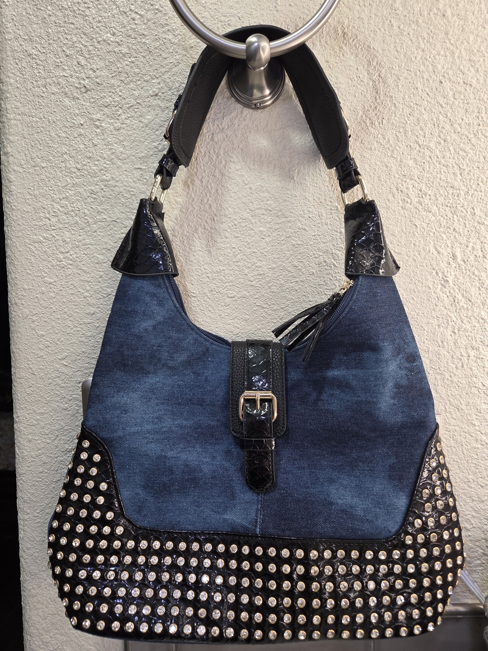 Studded Denim Shoulder Bag